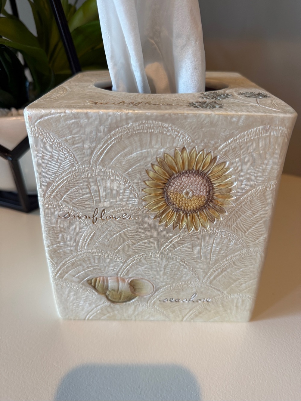 Vintage tissue box cover coastal, beach,lake hand painted seashells & wildflower